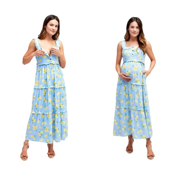 NOM Maternity Emma During And After Maxi Tank Dress Lemon Print Womens Large - Picture 1 of 15